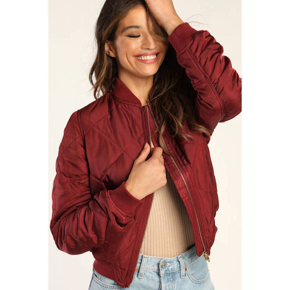 Lulus Style Expedition Burgundy Quilted Bomber Jacket Red - Size S